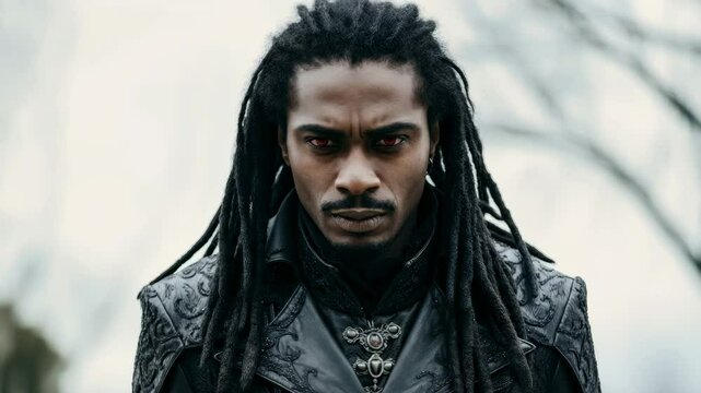 Intense character portrait with dramatic dreadlocks in outdoor setting