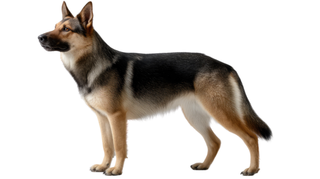 Noble German Shepherd Profile: A full profile of an alert German Shepherd, showcasing its proud posture and striking black and tan markings, perfect for animal enthusiasts and design projects.
