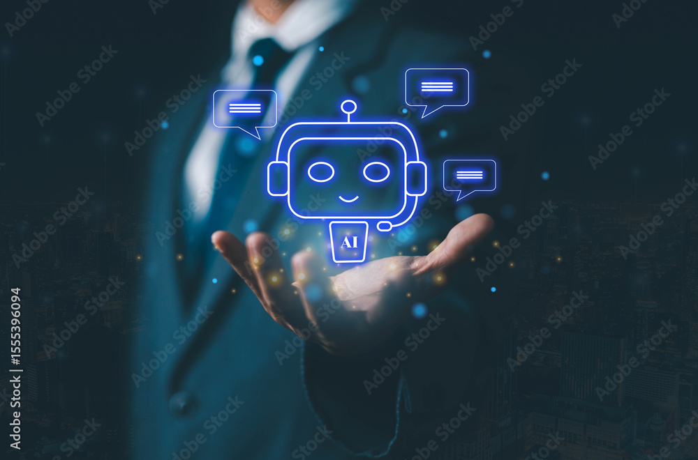 Poster  Using AI chat in search and giving to help in business has technology, to create computer concepts with robots as new digital software	