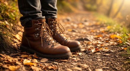 Hiking boots on a leaf-covered path in autumn, showcasing outdoor adventure and seasonal colors.