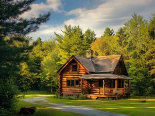 Obraz premium wooden cabin, green lawn, trees, sunny day, peaceful setting