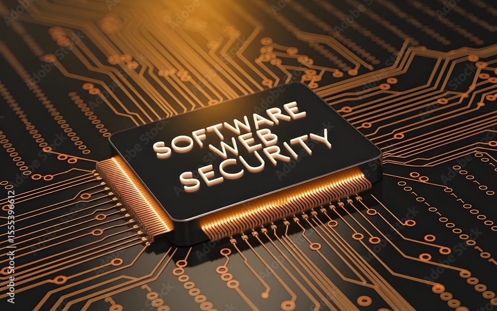Poster a futuristic circuit board displays software web security, showcasing technology and online protecti
