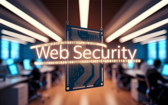 Secure web browsing is illustrated through technology with a circuit board and digital binary code for data integrity.