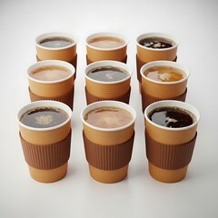 A grid of various types of coffee in disposable cups, ready for enjoyment. The arrangement showcases different brews