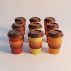 A captivating close-up of nine takeaway cups. Each cup is a symphony of warm hues with a brown lid, suggesting the promise of a delightful beverage