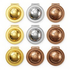 A collection of gold, silver, and bronze medals, each featuring a soccer ball design. The arrangement creates a visually appealing display of achievement.