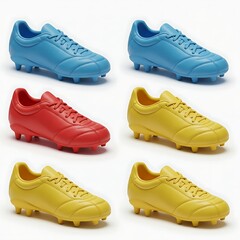 A colorful collection of soccer cleats neatly arranged. Various pairs of shoes in vibrant hues, perfect for sports and recreation.
