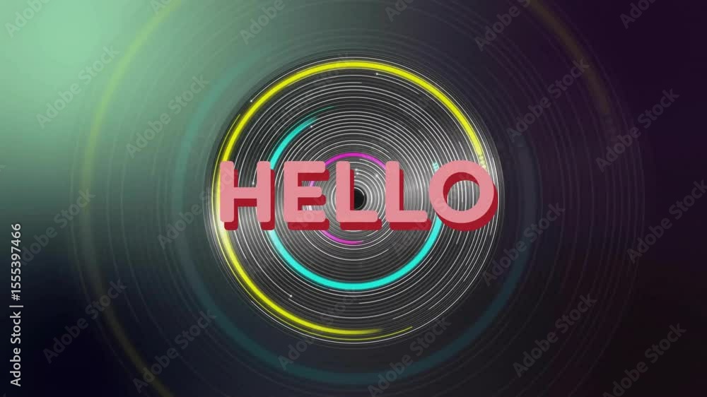Poster pink 3d hello text appearing triggers neon rings growing and rotating around to emphasize greeting