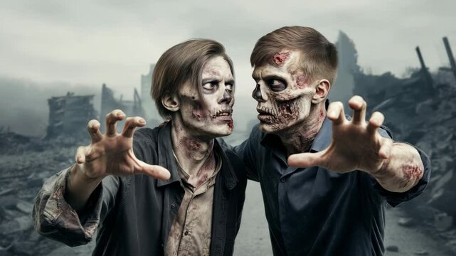 Eerie zombies emerge from foggy apocalypse wasteland with menacing gestures