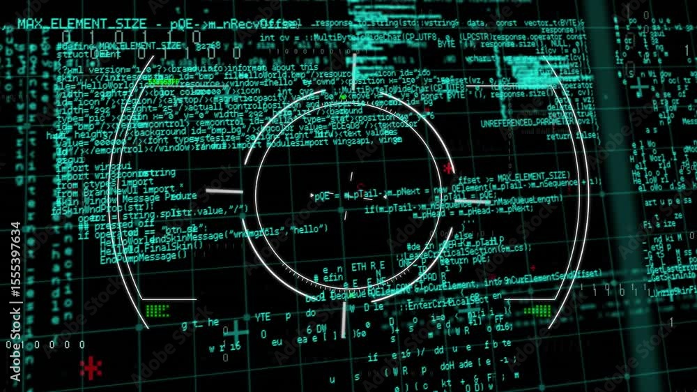 Poster at startup reticle rotating, code streaming, glitch flashing, hud pulsing showing processing