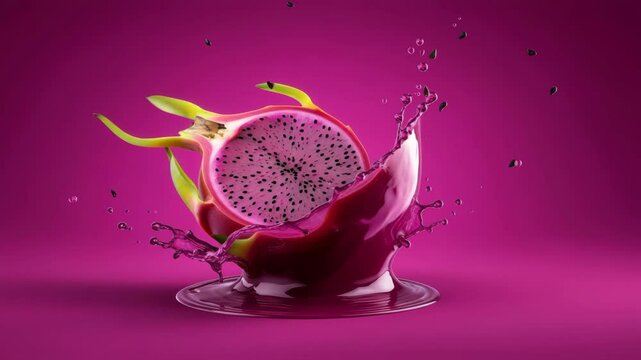 Dragon fruit exploding in vivid liquid splash on vibrant pink background
