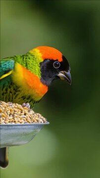 This is a  of a parrot perched at a bird seed feeder, enjoying its meal. The vibrant plumage of the bird is prominent in the , capturing its natural beauty and appeal.