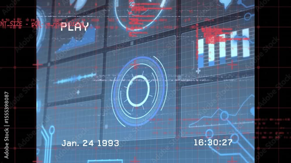 Poster play indicator starting hud showing code glitches drifting fading in playback for error monitoring