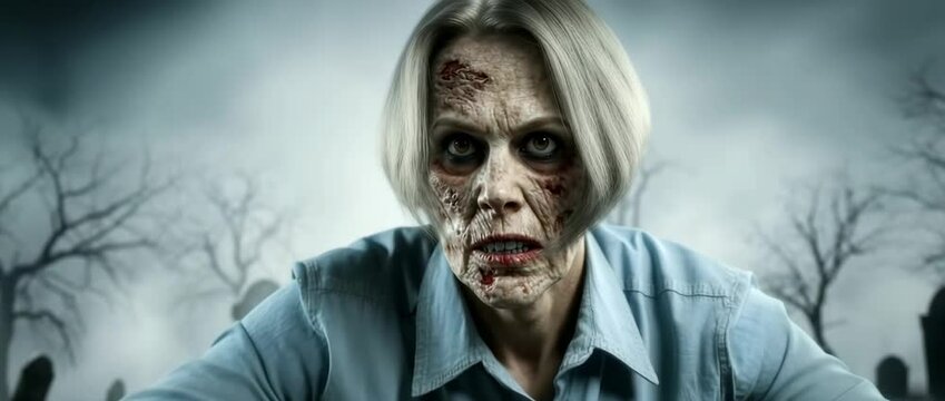 Creepy zombie emerges in spooky graveyard setting amid fog and bare trees