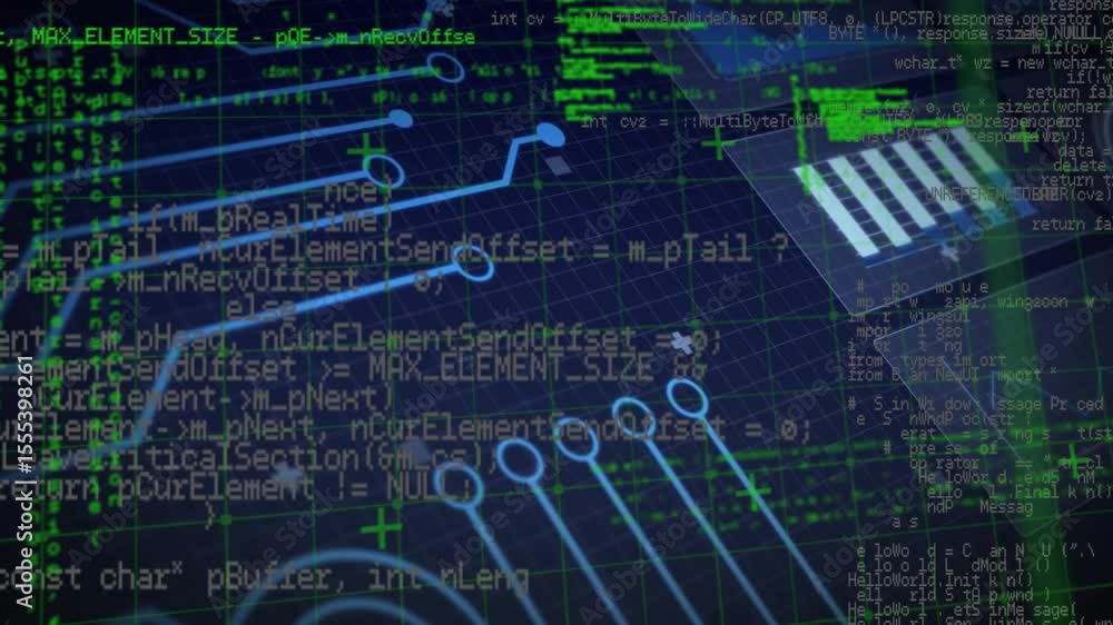 Poster Neon grid lighting up code streaming circuits pulsing chart emerging plus signs displaying data