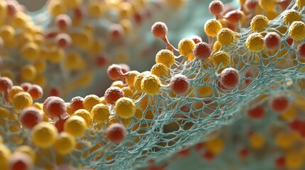 An abstract close-up of interconnected spheres and filaments in yellow, red, and blue hues