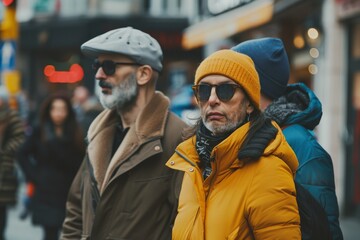 Handsome middle-aged man with beard and mustache wearing yellow hat and sunglasses walking in the city