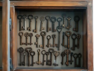 antique keys arranged in wooden frame, warm tones, intricate details