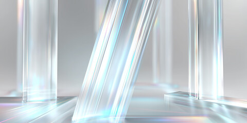 Abstract crystal glass pillars reflecting light beams in modern minimalist empty room