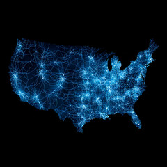Futuristic map of united states showing interconnected network of cities and states