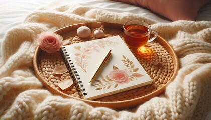 Cozy Self-Care Morning: Journaling with Tea, Rose, & Warm Knitted Blanket
