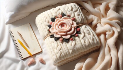 Comforting Home Decor: Soft Ivory Throw, Handmade Rose & Notebook Aesthetic