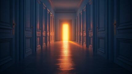 Fototapeta premium Highly realistic symbolic image of a long hallway filled with identical closed doors and one faintly glowing at the end, representing mental overload, decision fatigue, and emotional paralysis