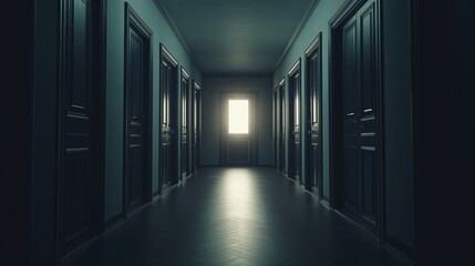 Hyper-realistic image of a long hallway lined with identical closed doors, one faintly glowing at the end, symbolizing decision fatigue, psychological pressure, and anxiety about choosing a path