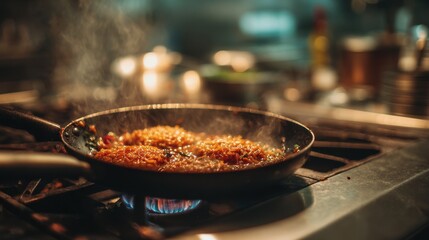 Sizzling stir-fry in a restaurant kitchen, showcasing vibrant ingredients and steam rising, with chefs in action