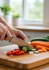 Chopping Fresh Vegetables on Wooden Cutting Board