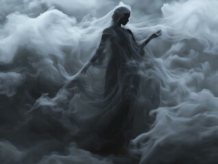 figure shrouded in dark grey fabric, moody atmosphere, dramatic lighting, somber tone