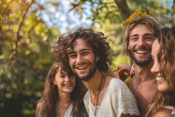 Group of friends having fun in the park on a sunny day.