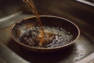 Oil being poured into a dirty frying pan in a kitchen sink, with grease and bubbles visible