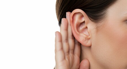 Woman Cupping Hand to Ear Listening Intently on White Background (2)