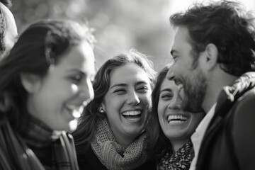 Group of friends having fun together in a park, black and white