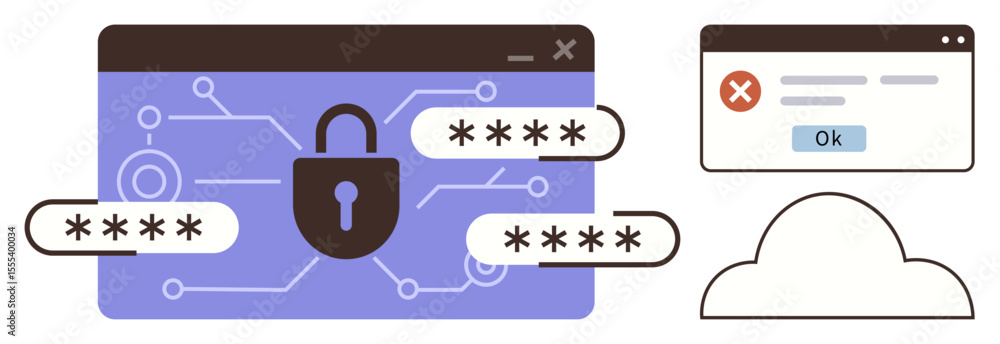 Poster Lock icon with password fields on digital interface, warning window, and cloud element. Ideal for cybersecurity, data privacy, authentication, online safety, encryption, error handling simple flat