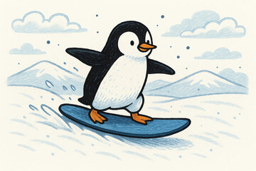 Naklejka premium penguin on snow. penguin on ice. penguin surfing on snow