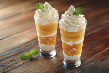 Two layered dessert glasses with whipped cream and fruit.