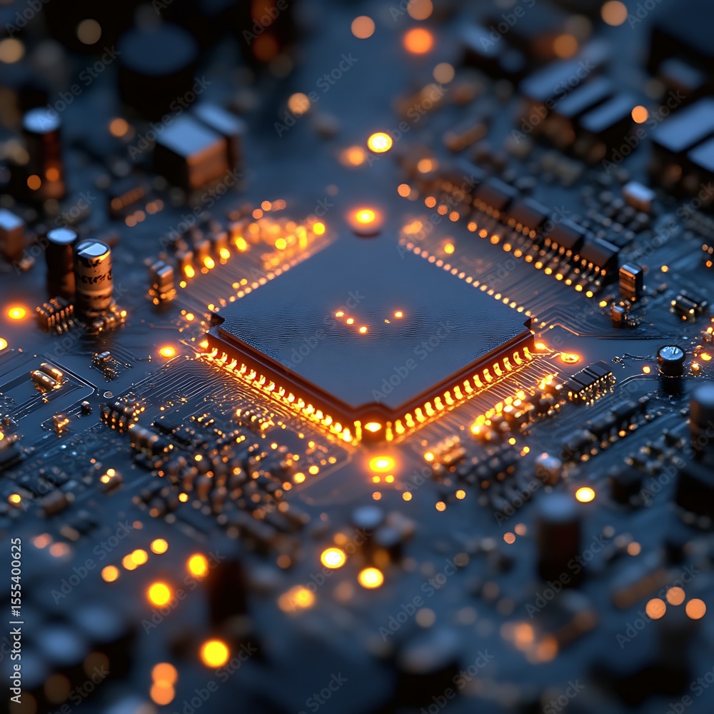 Poster close-up view of a circuit board with a central processor. illuminated components