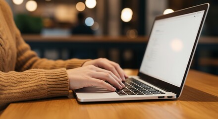 Woman Typing on Laptop in Cozy Cafe with Warm Lighting