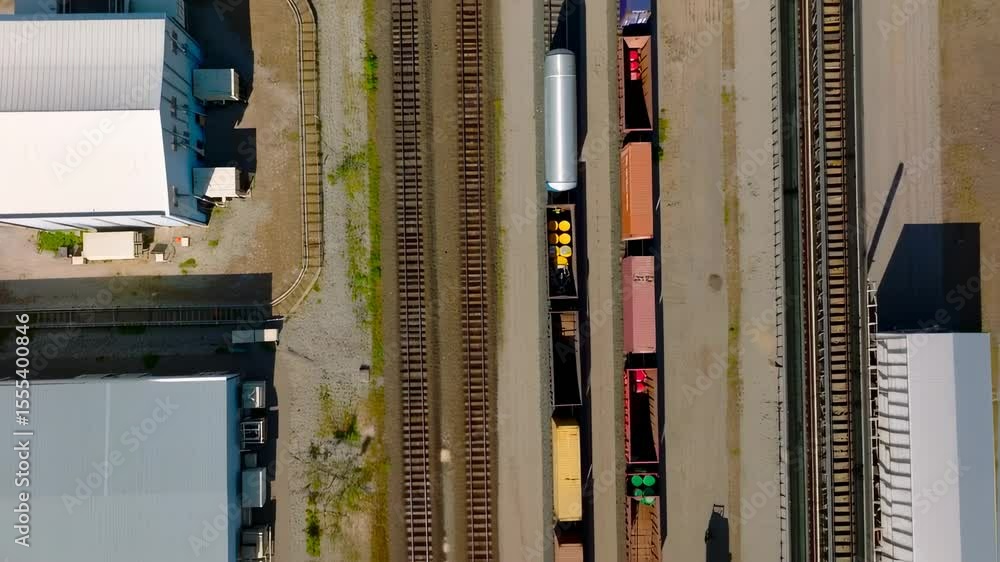 Poster aerial rail yard: an overhead view capturing the complex network of rails and colorful freight cars 