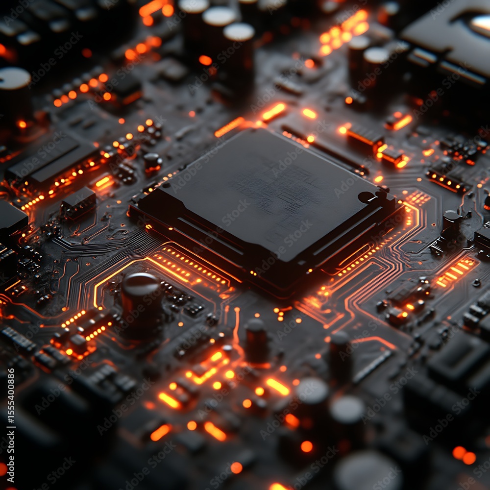 Aufkleber close-up view of a circuit board with a central processor, highlighted by glowing orange circuitry
