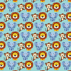 A repeating pattern of cartoon lions, monkeys, and elephants on a light blue background.