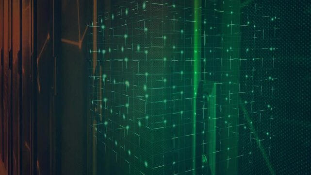 Faint orange lines starting green grid emerging rotating dissolving looping virtual space scene