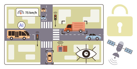 Autonomous vehicles on city roads navigate with AI technology. Features traffic lights, sensors, satellite signals, clock, and speed monitoring. Ideal for smart city, traffic management, AI IoT