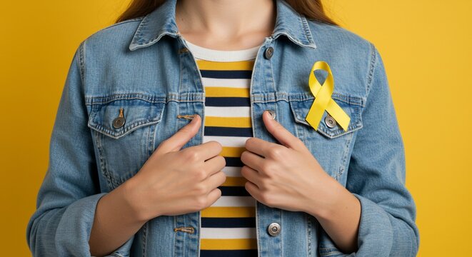 Woman Wearing Yellow Ribbon on Denim Jacket Supporting Suicide Prevention