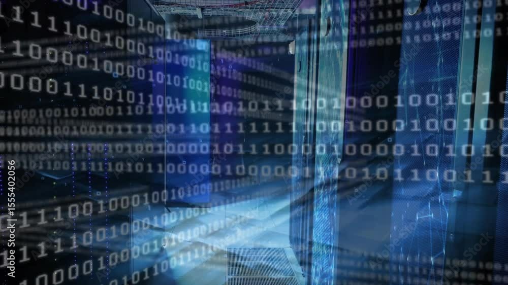 Poster on startup animated binary overlay scrolling across data center corridor visualizing data flow