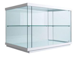  Angled Modern Showcase Cabinet with Transparent Glass and White Accents, Isolated PNG