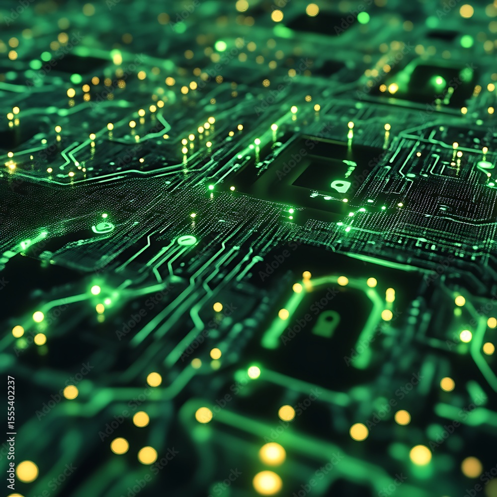 Poster close-up view of glowing green circuit board, intricate pathways and components