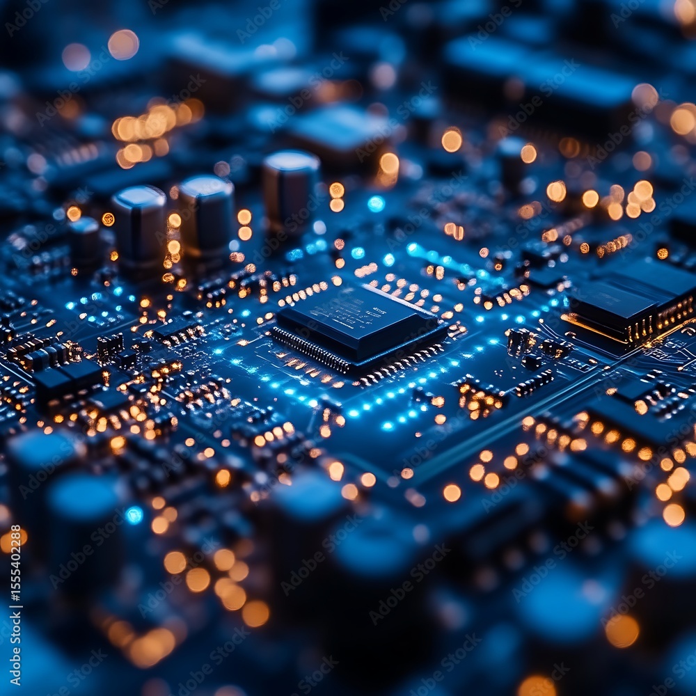 Poster close-up view of illuminated circuit board with microchip. complex electronic components highlighted